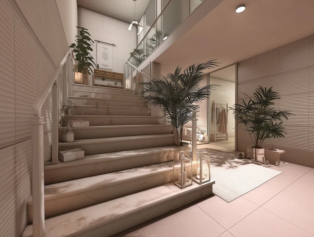 Heller Innenraum mit Treppe, Deckenspots und Pflanzen nach dem Innenausbau