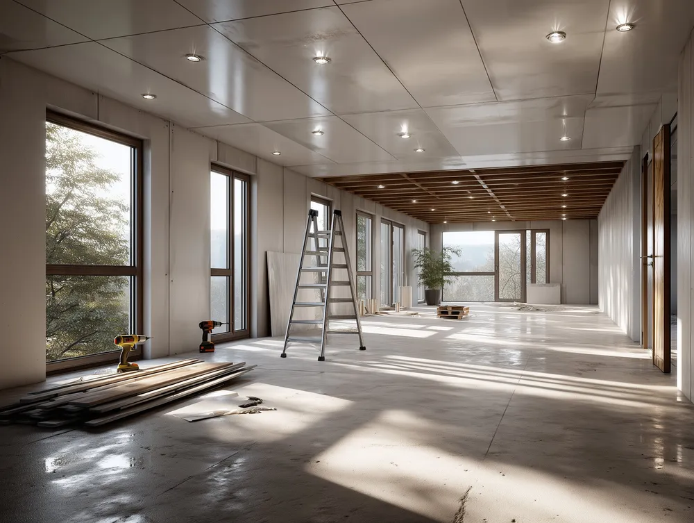 Trockenbau im Rohbau: neue Deckenkonstruktion mit eingelassenen Spots
